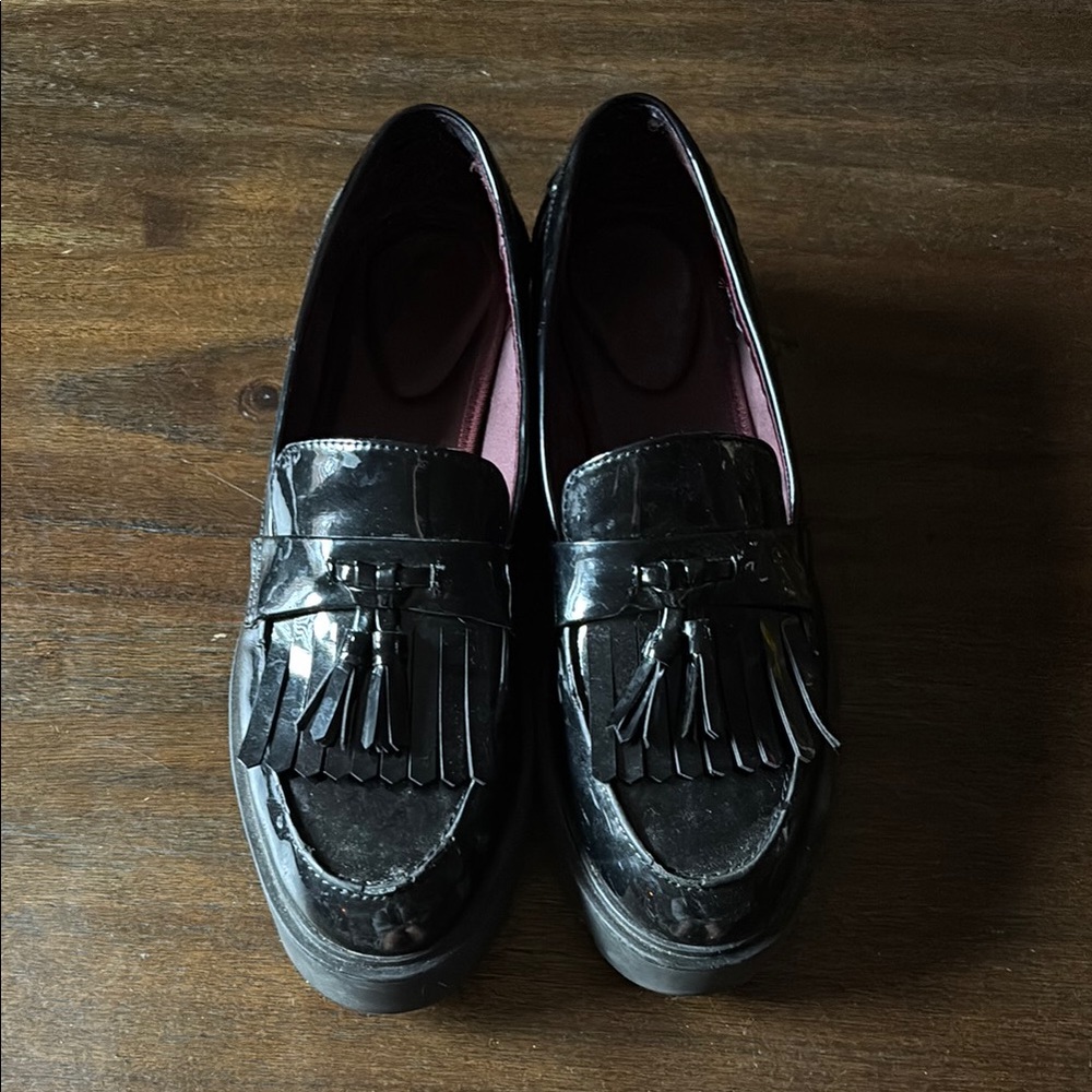 Franco Sarto Black Tassel Faux Patent Leather Loafers